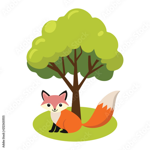 Cute Fox Sitting Under a Tree Cartoon Illustration