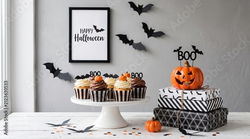 Festive halloween dessert table setup featuring cupcakes on a stand with a carved pumpkin and decorative paper bats wall art