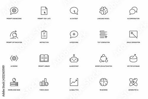 Comprehensive set of artificial intelligence depicting neural networks, data analysis, chatbots, and automation tools on white background