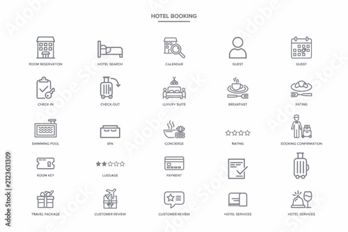 Set of twenty thin line representing hotel booking, travel, accommodation, hospitality, and guest services in a minimalist style