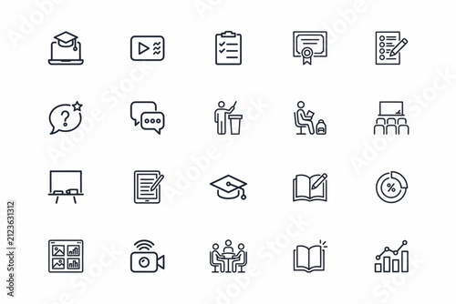 Collection of twenty minimalist thin line illustrating education, e-learning, academic study, classroom settings, and digital learning