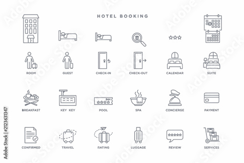 Collection of twenty minimalist thin line illustrating hotel booking, travel, accommodation, hospitality, and guest services concepts