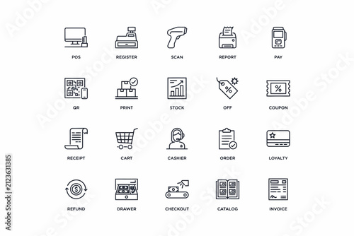 Point of sale and retail business line set featuring register, scanner, payment, stock, receipt, cart, and invoice symbols