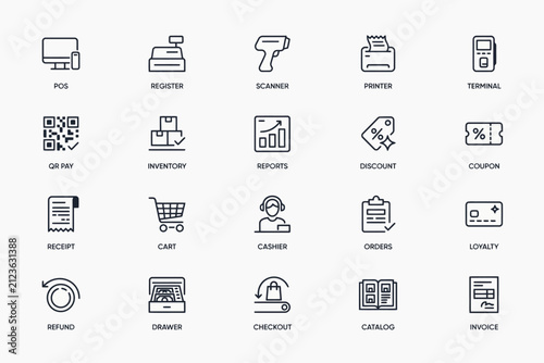 Point of sale and retail business line set featuring register, scanner, payment, stock, receipt, cart, and invoice symbols
