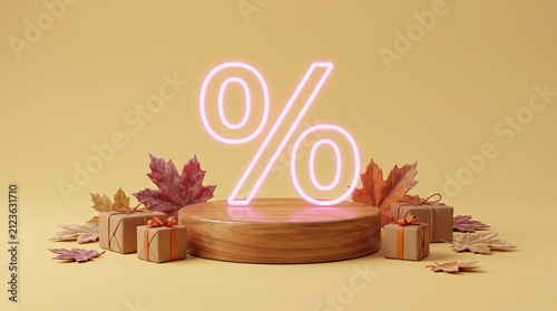 A 3d rendered podium with a glowing percentage sign surrounded by autumn leaves and gift boxes for seasonal sales