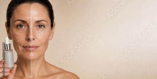 Facial melasma treatment concept with a woman holding a serum bottle, showing visible pigmentation and a clean beauty skincare routine. For skincare, dermatology, beauty, and beauty awareness.