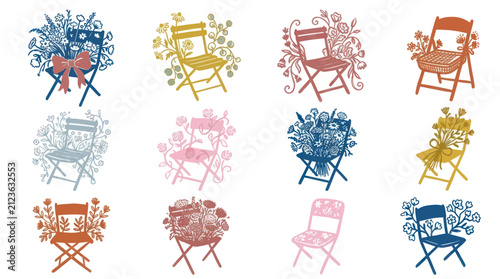 Collection of twelve colorful folding chairs adorned with intricate floral and botanical designs, each unique in color and pattern.