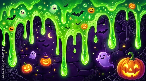 Spooky Halloween background with green slime. Festive holiday wallpaper with ghosts.