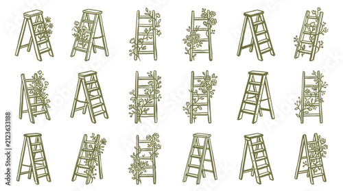 Collection of various step ladders with plants growing on them.