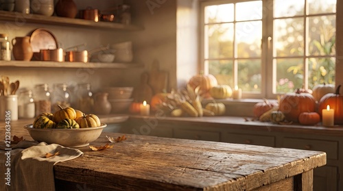 Cozy rustic kitchen interior featuring a wooden table with fresh autumn produce and soft warm sunlight streaming through window