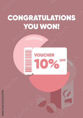 Cute Gacha Machine Open and Win Voucher Poster Vector, Capsule Toy Lucky Draw Promotion Design