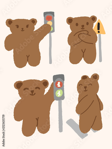 Cute Bear Road Safety Sign Vector Set with Red Traffic Light, Crosswalk and Caution Signs