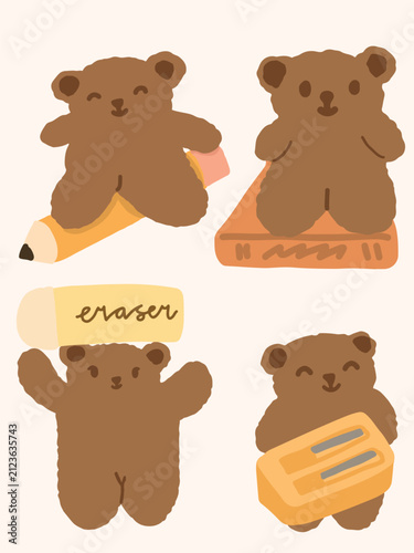 Cute Bear Stationery Vector Set, Hand Drawn Teddy Bear with Notebook Pencil Pen and School Supplies
