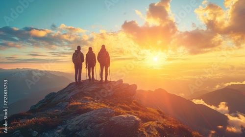 Group of Hikers Standing on Mountain Peak at Sunrise Celebrating Team Success