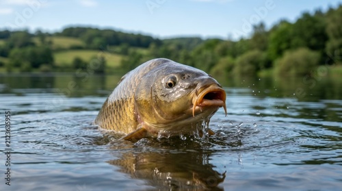 Close-up of a large carp fish emerging from shimmering lake water, natural landscape background