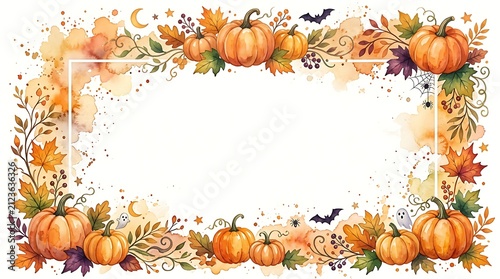 Watercolor Halloween pumpkin border. Autumn harvest frame with fall leaves and bats.