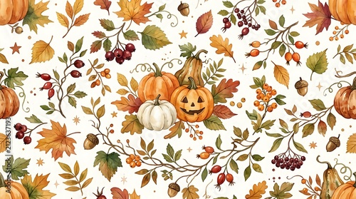 Watercolor Halloween seamless pattern. Fall pumpkin and autumn leaf background design.