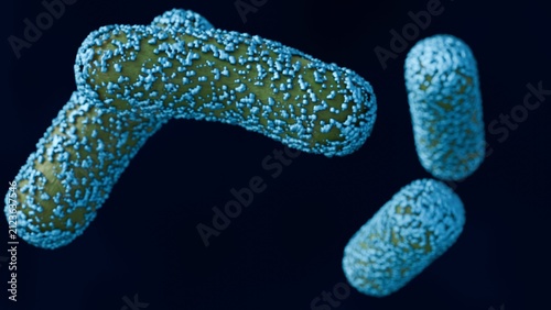 Obraz na plátne A 3d rendering of rod-shaped bacteria encrusted with surface mineral deposits
