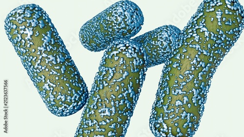 Foto A 3d rendering of rod-shaped bacteria encrusted with surface mineral deposits
