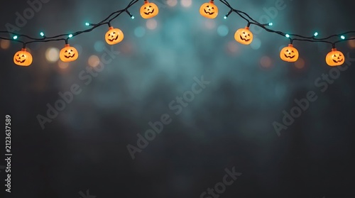 A festive string of glowing orange pumpkin fairy lights hanging against a dark moody background for halloween party decoration