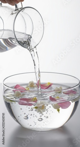 Pouring Clear Water from Glass into Bowl with Petals