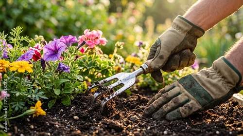 Gardener wearing protective gloves uses a small hand rake to loosen soil near colorful blooming flowers.