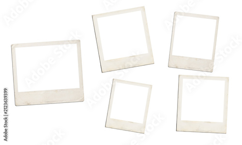 Five aged vintage polaroid frames arranged on transparent background for photo collage.