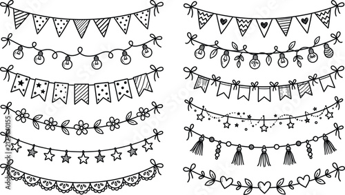Hand Drawn Party Garland Bunting Banners And Hanging Light Bulbs Clipart Set Vector Illustration