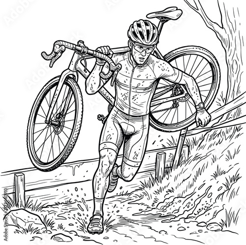 Foto Cyclocross athlete carrying bicycle and running through mud on trail, black and white hand drawn vector illustration of man competing in muddy race