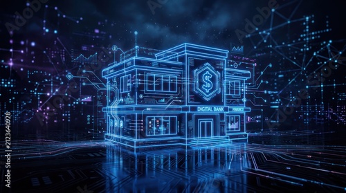 Futuristic Digital Bank Building with Neon Blue Wireframe and Network Connections.