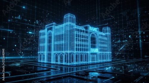 Futuristic Digital Blueprint of a Grand Building in Neon Blue.