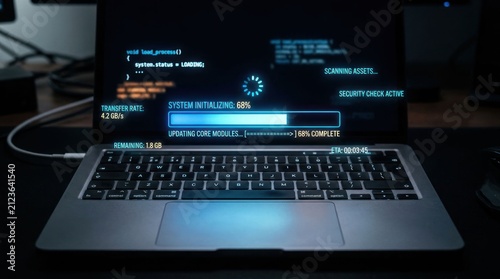 Laptop Screen Displaying Futuristic Code and Progress Bar.
