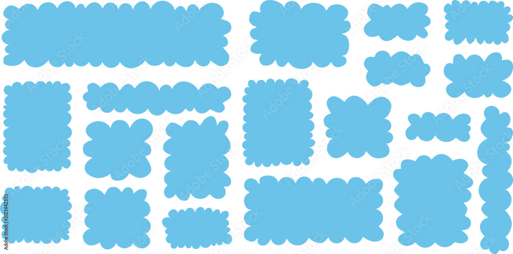 Fototapeta premium Cute blue cloud frames set with rectangle and square scalloped edge borders. Playful fluffy empty speech bubble templates and abstract banner shapes isolated on white background.