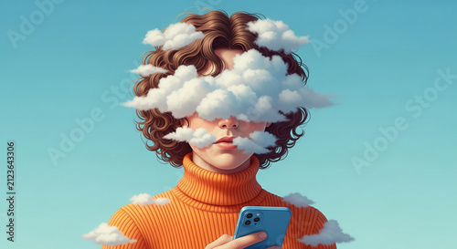 Person with curly hair and clouds obscuring face, holding a blue phone, wearing an orange turtleneck, symbolizing thought and digital connection.