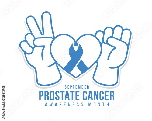 Prostate cancer awareness month - Blue line heart with blue ribbon between hands peace and fight sign vector design