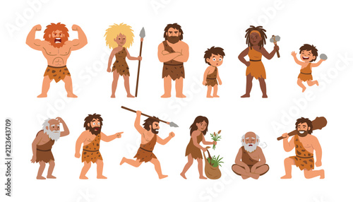 Photography Caveman family vector illustration set featuring prehistoric stone age character