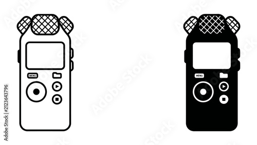 Audio Recorder Icons: Two icons of an audio recorder, one in white and one in black, displayed side-by-side, symbolizing sound recording and technology.