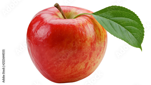 Bild auf Leinwand Bright red apple with green leaf and stem, isolated on transparent background