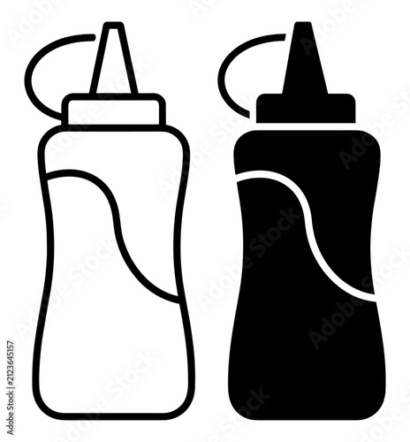Outline and solid icon of condiment squeeze bottles with caps on transparent background
