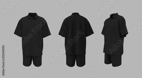 Men’s Oversized Polo Shirt and Shorts Mockup. Short Sleeve Sports Uniform Set, Front, Side and Back View