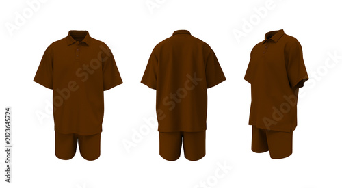 Men’s Oversized Polo Shirt and Shorts Mockup. Short Sleeve Sports Uniform Set, Front, Side and Back View