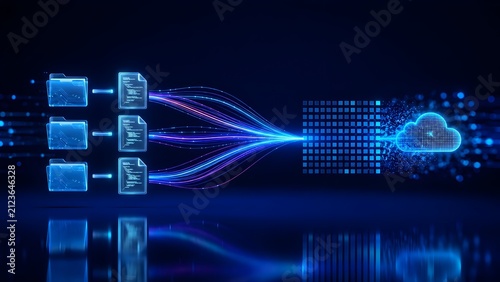 Cloud data migration concept showing structured digital folders transferring information streams into secure virtual cloud server environment