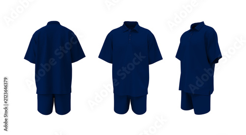 Men’s Oversized Polo Shirt and Shorts Mockup. Short Sleeve Sports Uniform Set, Front, Side and Back View