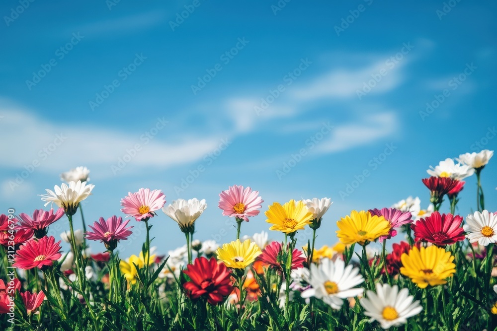Fototapeta premium Vibrant flowers against a vibrant blue sky