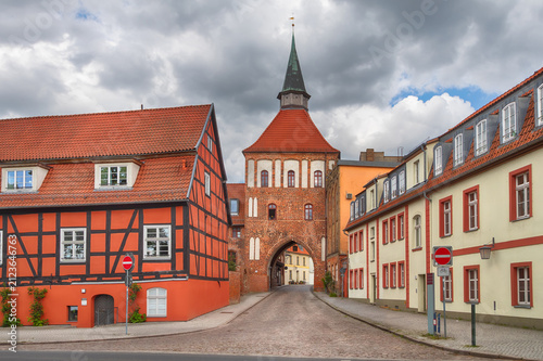 Stralsund, Germany - view of Kutertor.  13th century medieval red brick city gate 