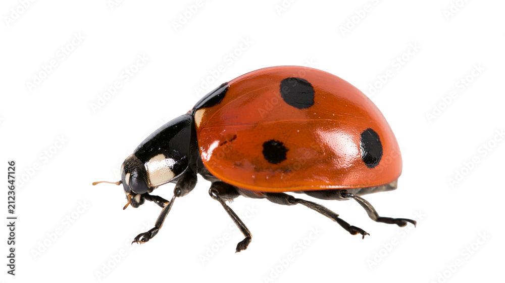 Obraz premium Red ladybug with black spots, isolated on transparent background