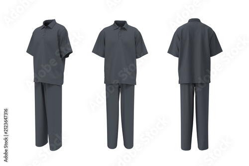 Men’s Oversized Polo Shirt and Pants Mockup. Short Sleeve Uniform Set, Front, Side and Back View