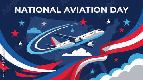 National Aviation Day Illustration with Commercial Airplane Flying Above Clouds in Flat Vector Design