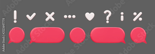 Social network notification badges constructor pack. Red 3D empty speech bubbles and round icon with white symbols: percent sign, information icon, check mark, cross sign, exclamation and question.