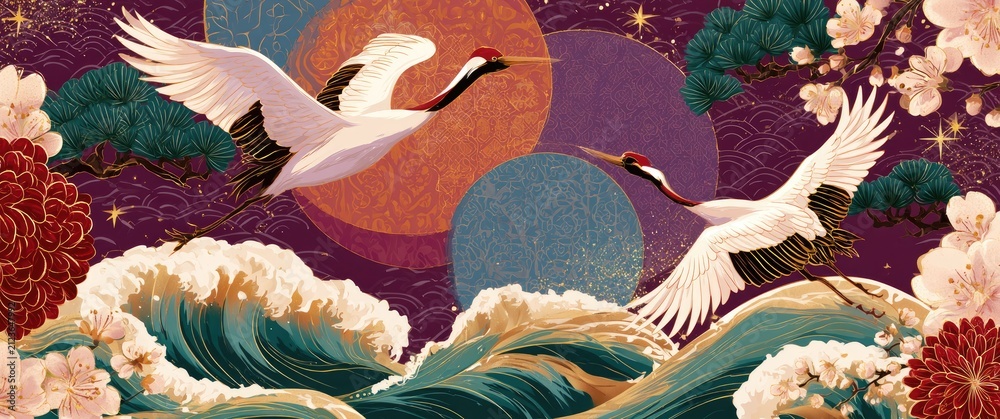 Obraz premium Elegant Cranes Soar Above Crashing Waves in a Stylized Japanese Landscape.